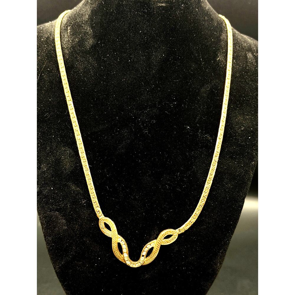 Vintage 18K GP Serpentine Chain Necklace Ribbon Black Enamel Rhinestones 17"